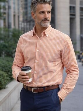 Zegna Made In Italy Dress Shirt 3XL Orange Stripe 100% Cotton Luxury Big & Tall